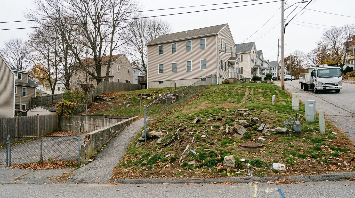 Illustration representing Site Realities: Access, Utilities, and Slope: Two walls of identical height and length can be very.