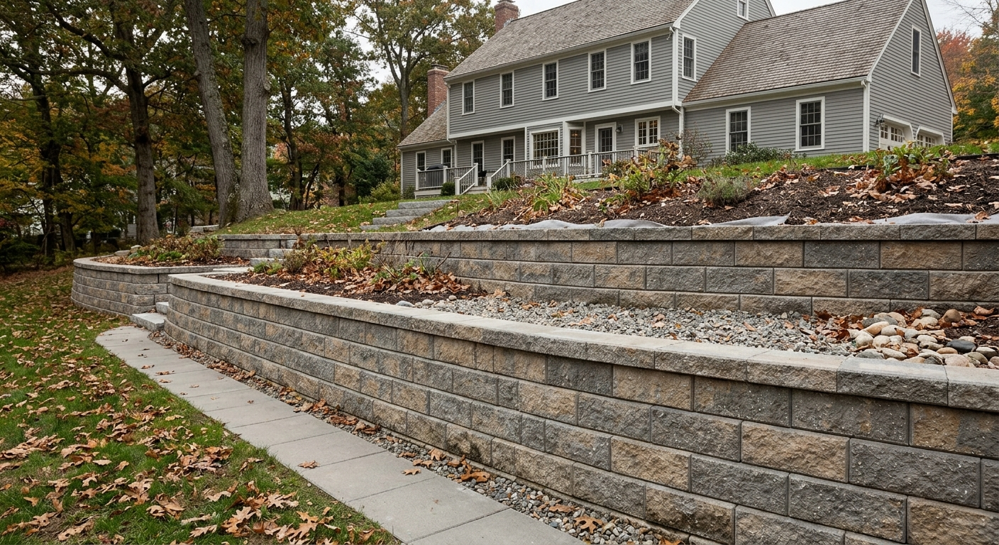 Illustration representing Who Does What: Designer, Mason, and Engineer: Homeowners searching for a residential retaining wall.