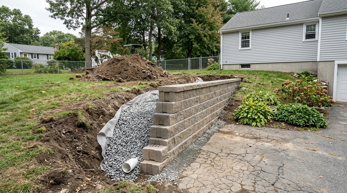 Illustration representing Hidden Line Items: Engineering, Permits, Excavation, and Disposal: The wall itself is only part of.